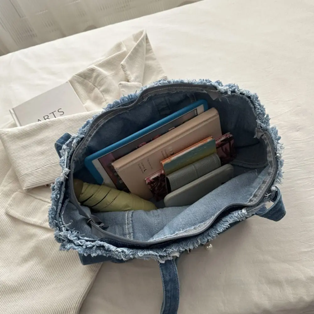 

Cute Korean Style Denim Shoulder Bag Retro Solid Color Canvas Tote Bag PU Leather Simple Underarm Packs Girls