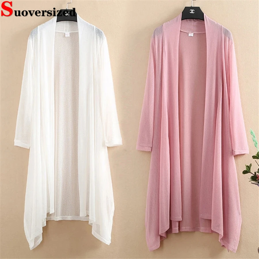 New Plus Size 5XL Knitwear Ice Mesh Sunscreen Cardigan Ropa Mujer Mid Length Summer Shawl Long Sleeve Korean Vacation Knit Tops