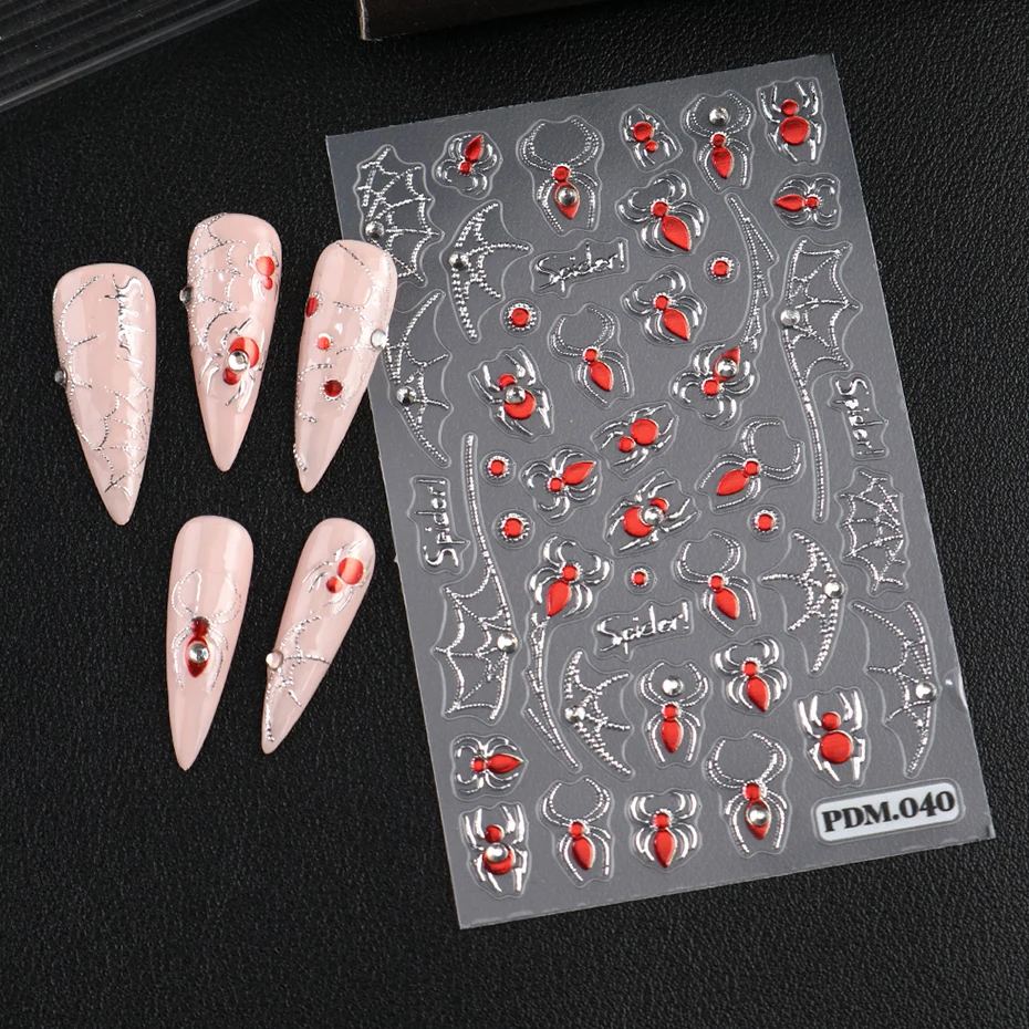 2 pcs 5D Embossed Horror Mouth Lips Red Spiders Nail Stickers Halloween Y2K Spider Web Bleeding Blood Flame Nail Decals view 6
