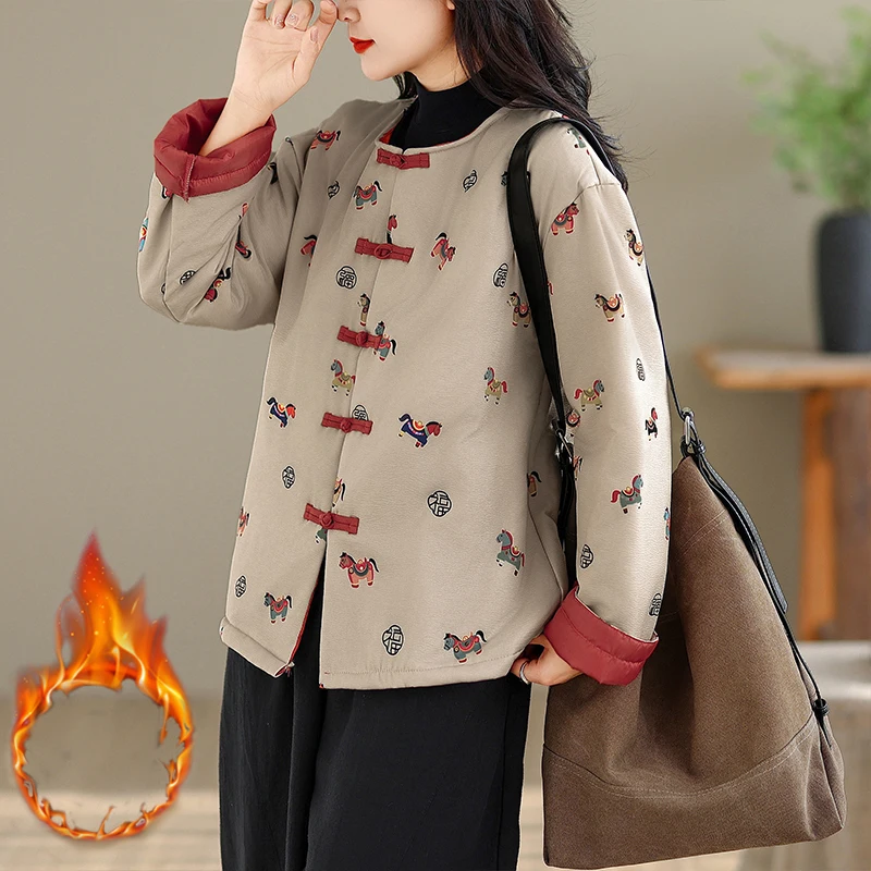 

Романтичное комфортное хлопковое пальто свободного кроя с цветными пуговицами, повседневное, в национальном стиле, с принтом, утепленное, с длинными рукавами