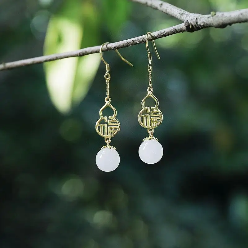 

925 Sterling Silver Jewelry Natural Jade Long Tassel Drop Earrings for Women Wedding Party Jewelry for Girls Friend Gift