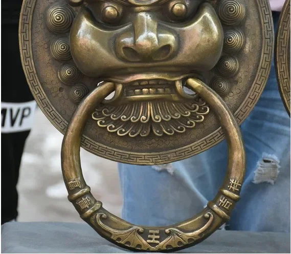 16 "الصين القديمة البرونزية فنغ شوي فو فو الكلب الحرس الأسد مطرقة مطرقة الباب زوج #3