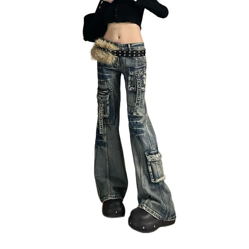 American Vintage Street Style Y2K Jeans Women's High-street Multi-pocket Cargo Flared Floor-grazing Jeans Casual Punk Long Pants