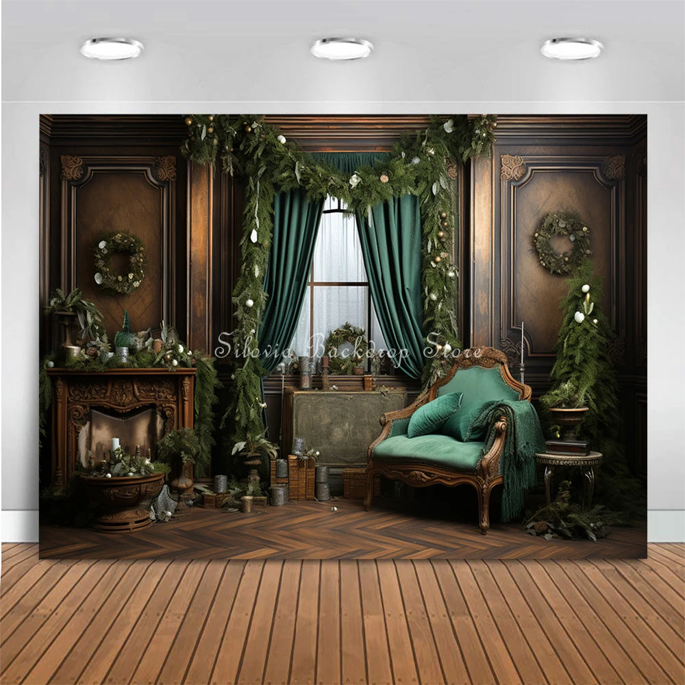 Vintage Room Photo Background Cloth Photography Backdrop Green Wall Fireplace Wreath Christmas Tree Bell Decor Merry Xmas Theme