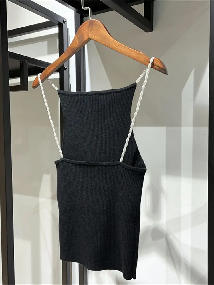 عرض خاص سعر المرأة الرسن مطرز متماسكة بروتيل مثير أكمام الأسود تريكو كاميس للإناث