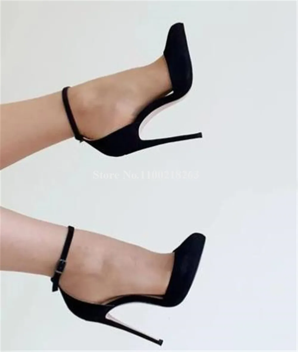 Women Classical Style Stiletto Heel Pumps Elegant Round Toe Black Suede Patent Ankle Strap Thin Heel Dress Shoes Big Size