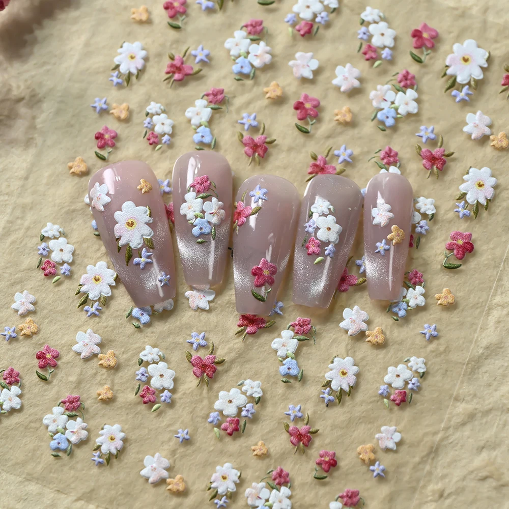 1Pcs 5D Embossed Colorful Flower Nail Stickers White Yellow Wildflower Nails Decals Self-Adhesive Spring Floral Manicure Slider