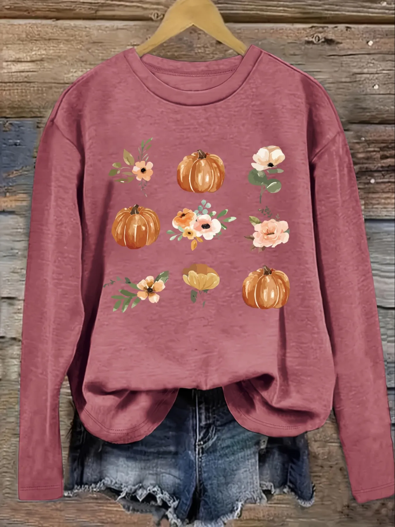 Women's Casual Long Sleeve Crew Neck T-Shirt Pumpkin And Floral Print Design Design, Round Neck Women's Clothing, Machine Washable, Slightly Elastic, Loose Fit, Spring Autumn Winter Women's T-Shirt, Halloween Costume Outfit view 3