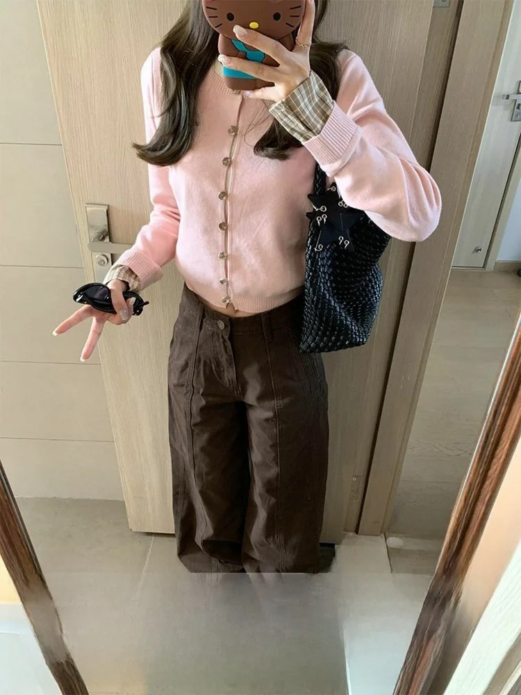 

Американские свободные джинсовые брюки с высокой талией кофейного цвета, женские осенне-зимние новые брюки размера плюс, ленивые тонкие широкие брюки