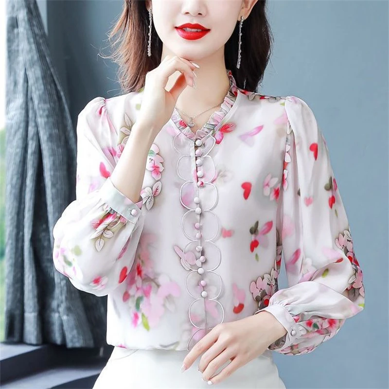 Women Vintage Floral Print Ruffled Button Shirts Korean Fashion Elegant Chic Chiffon Blouse Casual V Neck Long Sleeve Loose Tops