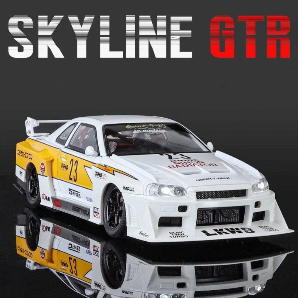 1:24 Scale GTR-S15 GTR-R34 Sports Car Model Toy Wheel Steering Doors Opened High Simulation Vehicle Models Collectible Item