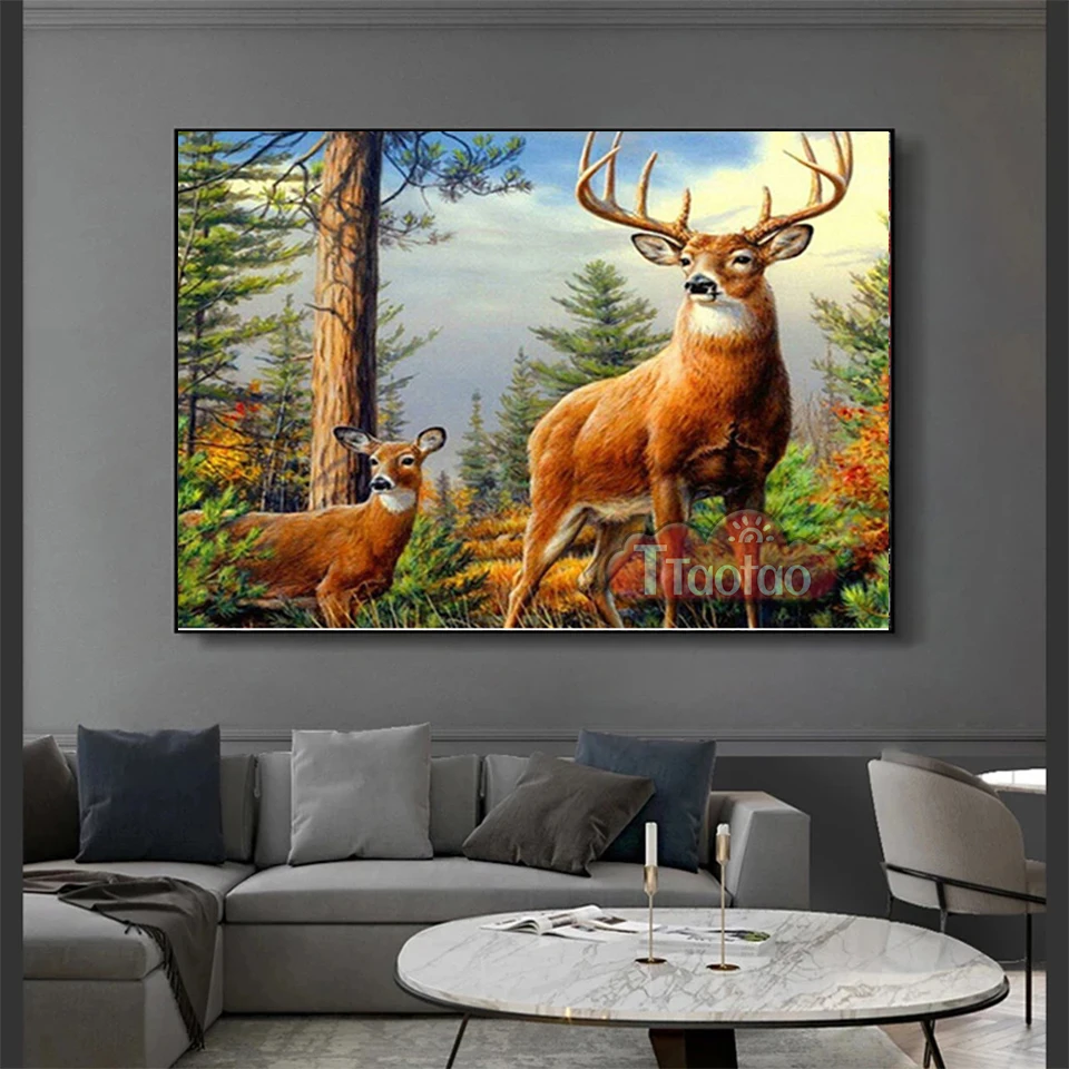 5D Animals Embroidery Diy Full Square Round Diamond Painting Deer Natural Scenery Cross Stitch Mosaic Crafts Home Decoration