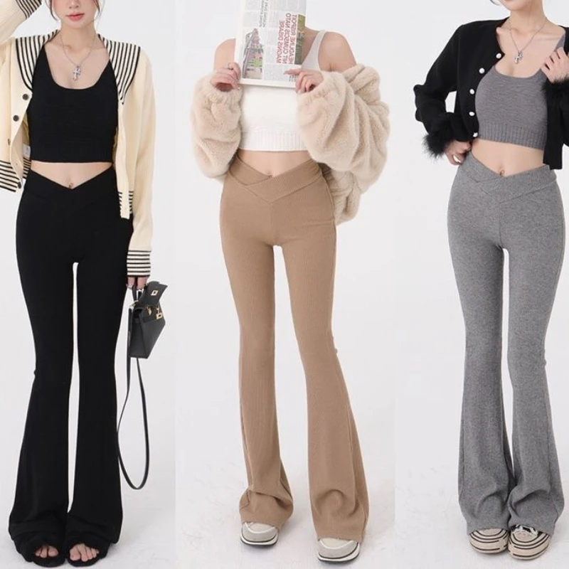 

American spicy girl retro sexy high waisted flared pants autumn and winter women's tassel floor length casual pants flared pants