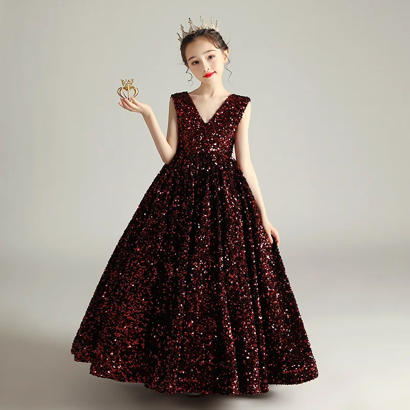 

2024 Wine Red Sequin Evening Dress for Children Girls Sleeveless Elegant Princess Dresses Backless Holidays Party Luxury Gown