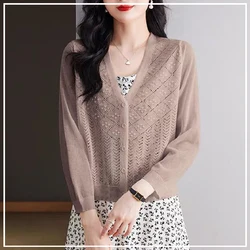 2024 New Summer Minimalist Commuting Casual Loose Fashion Trend V-neck Hollowed Out Jacquard Solid Color Three Quarter Sweater