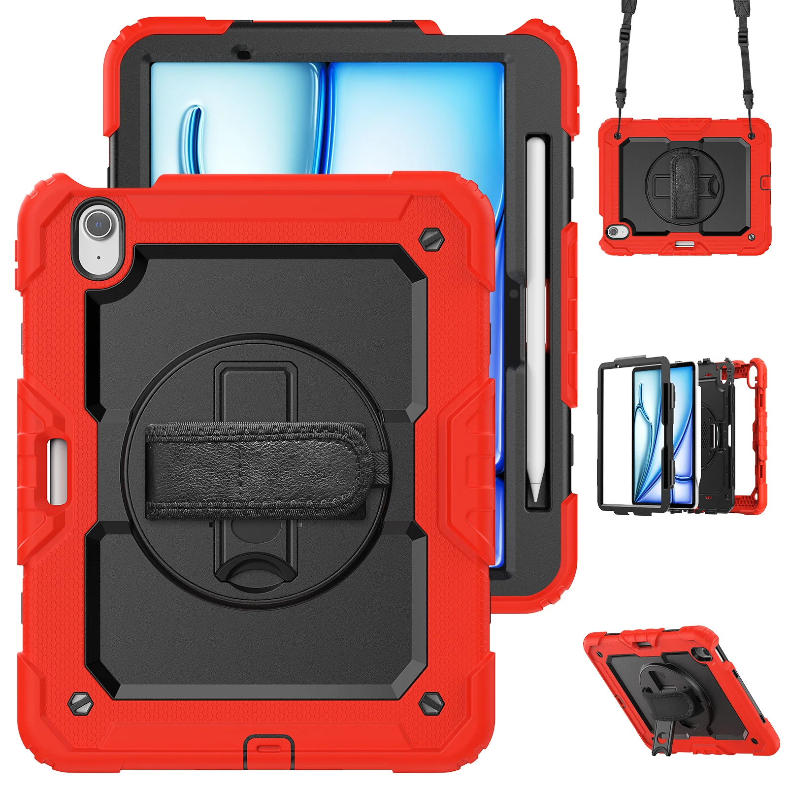 360°Rotatable Kickstand For iPad Air 11/Pro 11/Air 13/Pro 13 2024 Shockproof Cover with Multi-Functional Funda Case with Strap