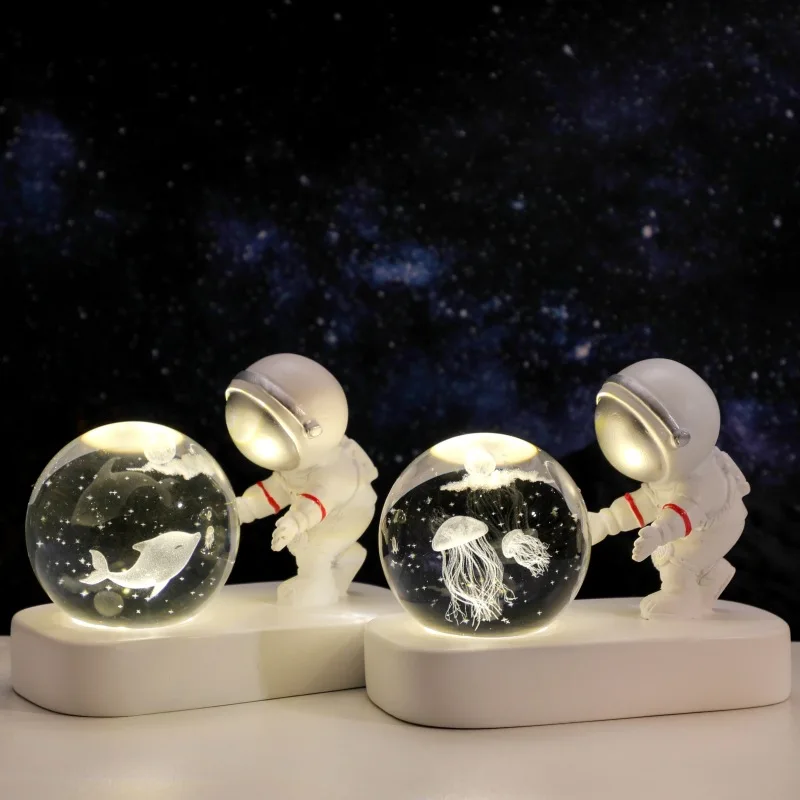 Creative Astronaut Starry Sky Walking Night Light Carved Crystal Ball Luminous Base Decoration