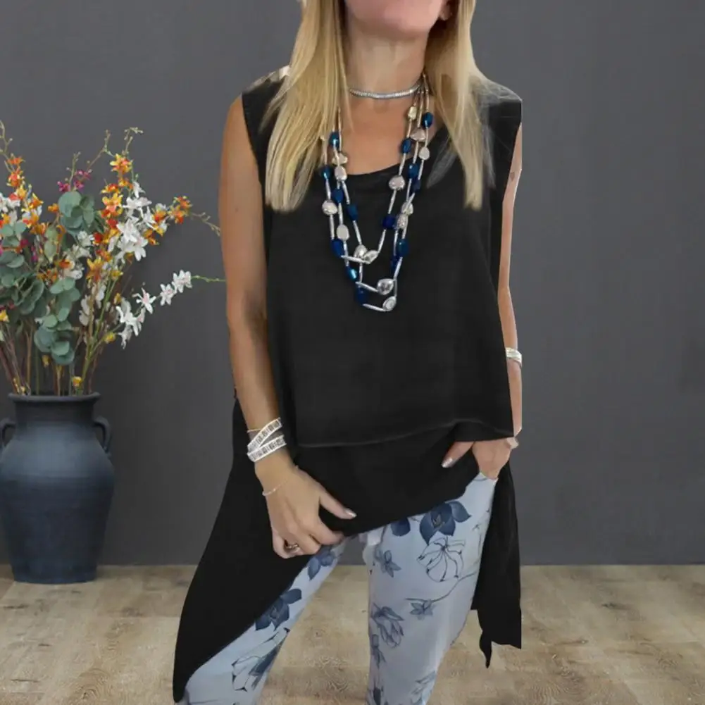 Stilvolles Hemd, fließendes Baumwoll-Leinen-High-Low-Bluse, ärmelloses Sommer-Top, elegante hohle Schalweste für Damen, lässig, locker für hoch