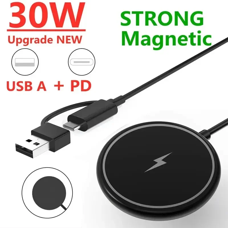 30W Magnetic Wireless Charger Pad for iPhone 15 14 13 12 11 Pro Max Mini Desktop Chargers USB A PD Magnet Fast Charging Station