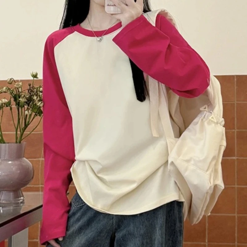 AOSSVIAO 2026 T-shirt da donna girocollo alla moda primavera autunno, maglietta casual a maniche lunghe larga in cotone 100% con patchwork