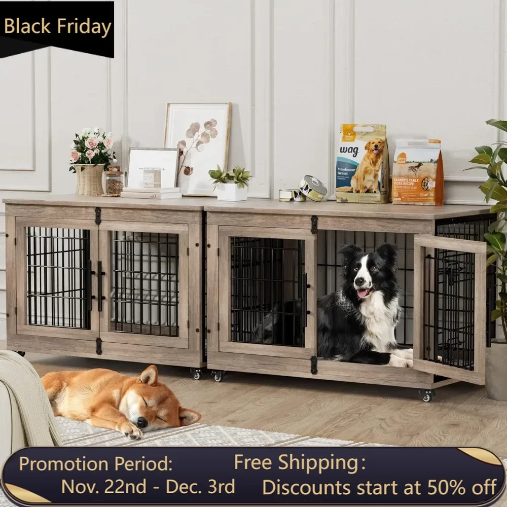 Dog Crate Furniture with Cushion Set of 2, Large Wooden Kennel Indoor with Double Doors,Cage with Wheels,House