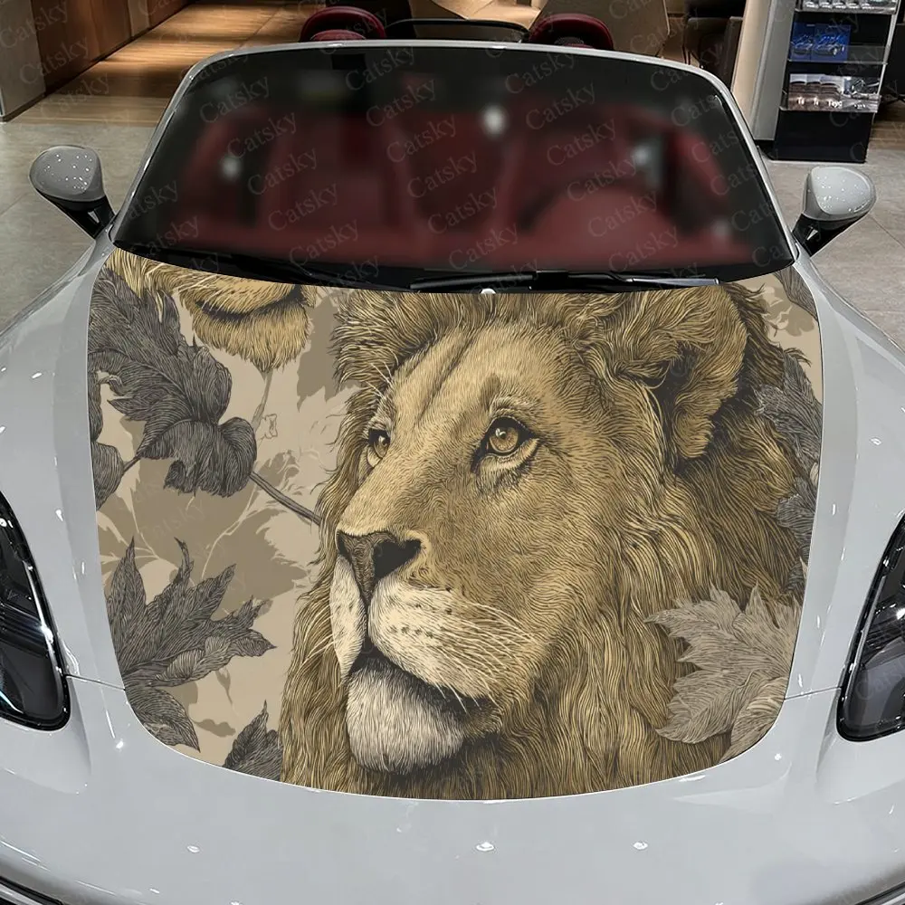 Car Decal Lion with Brown Artistic Fusion in Vintage Botanical Design, Creating a Bold and Elegant Visual Car Hood Sticker, Wate