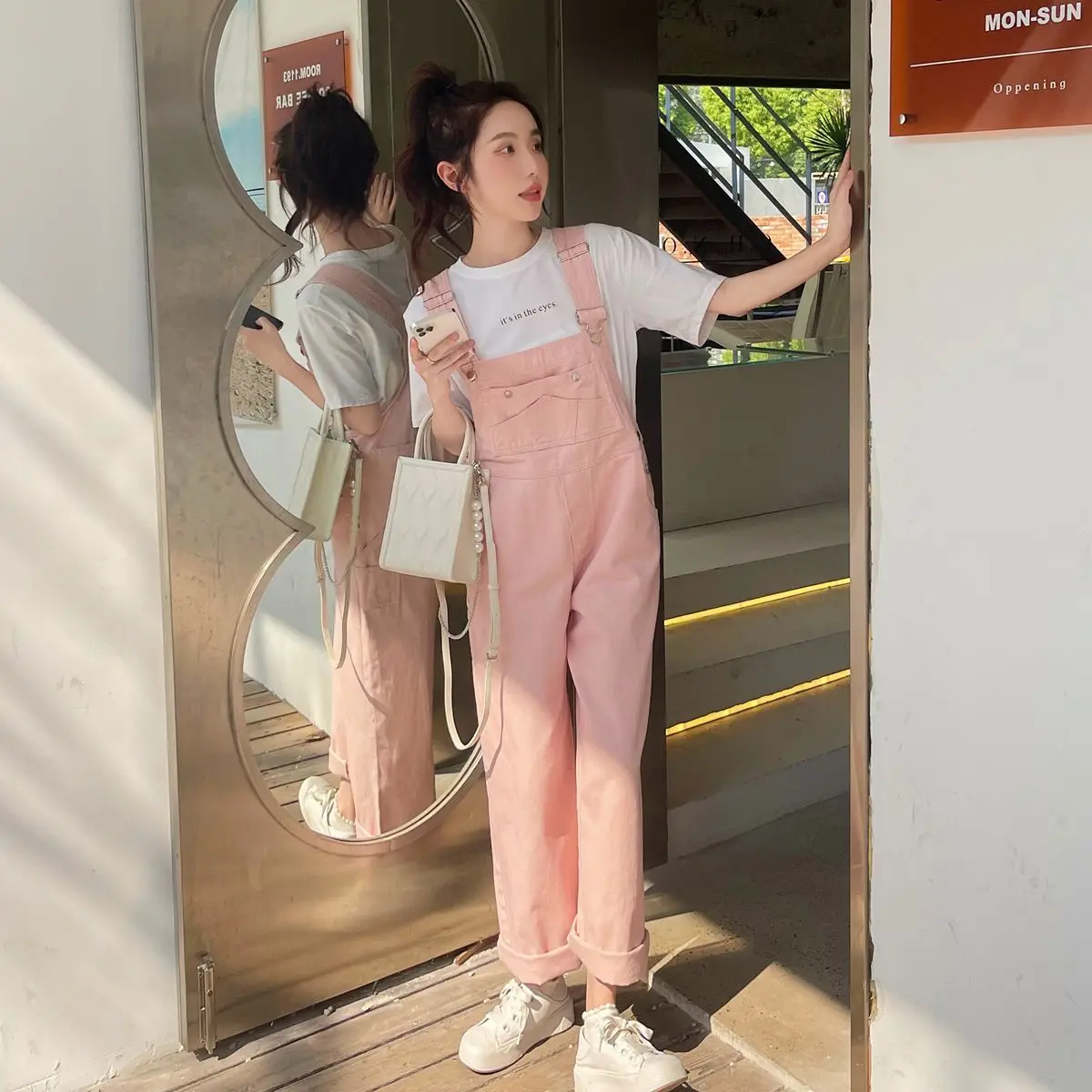 2025 novo macacão jeans rosa feminino solto ajuste coreano sle street faion tamanho pequeno redução de idade emagrecimento calças de uma peça