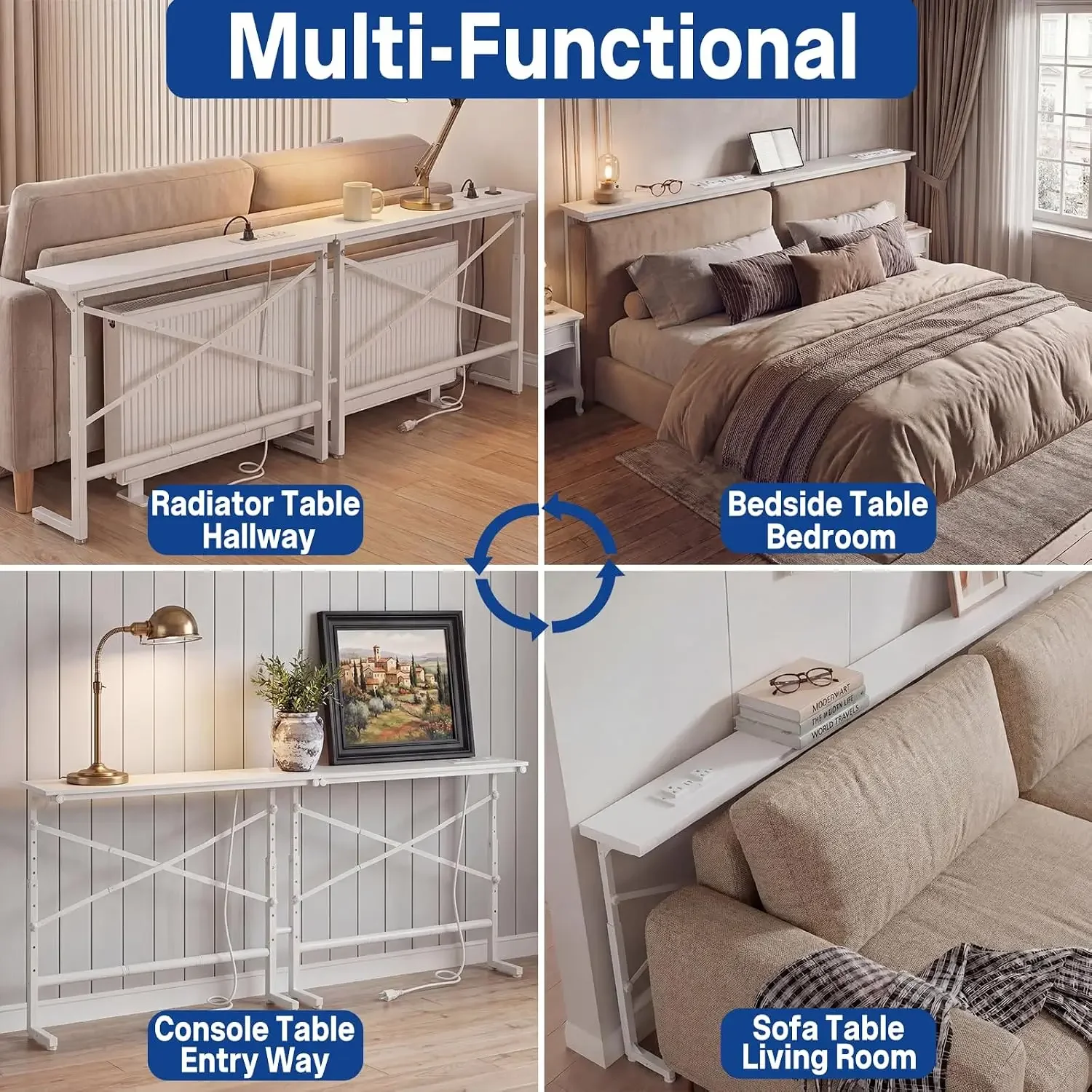 78.8inch Adjustable Height Narrow Sofa Side Table with 2 Power Outlets, Couch Behind Table for Small Space, Hallway, Entryway