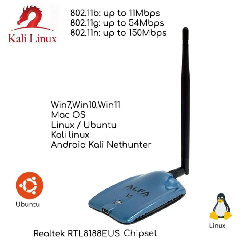 ALFA AWUS036NHV CS с чипсетом RTL8188EUS Беспроводная сетевая карта 150 Мбит/с 2,4G WiFi-адаптер для системы Windows/kali/Ubuntu ALFA AWUS036NHV CS с чипсетом RTL8188EUS Беспроводная сетевая карта 150 Мбит/с 2,4G WiFi-адаптер для системы Windows/kali/Ubuntu