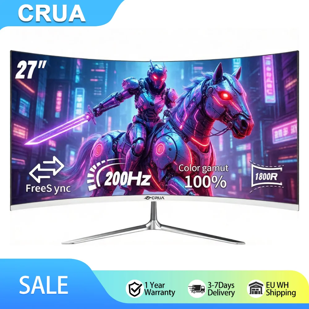 Monitor Curvo para Juegos CRUA de 27 Pulgadas, 200Hz FHD 1080P, FreeSync, Baja Distorsión de Movimiento, Protección Ocular