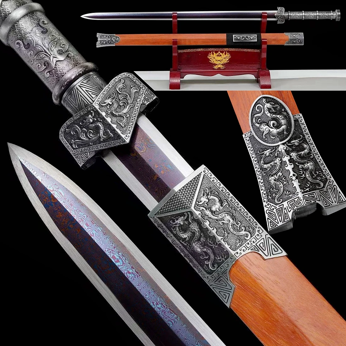 Metal Handle Chinese Kungfu Handmade Sword Damascus Folded Steel Blade Double Edge Wushu Real Swords Han Dynasty Dragon Jian ﻿
