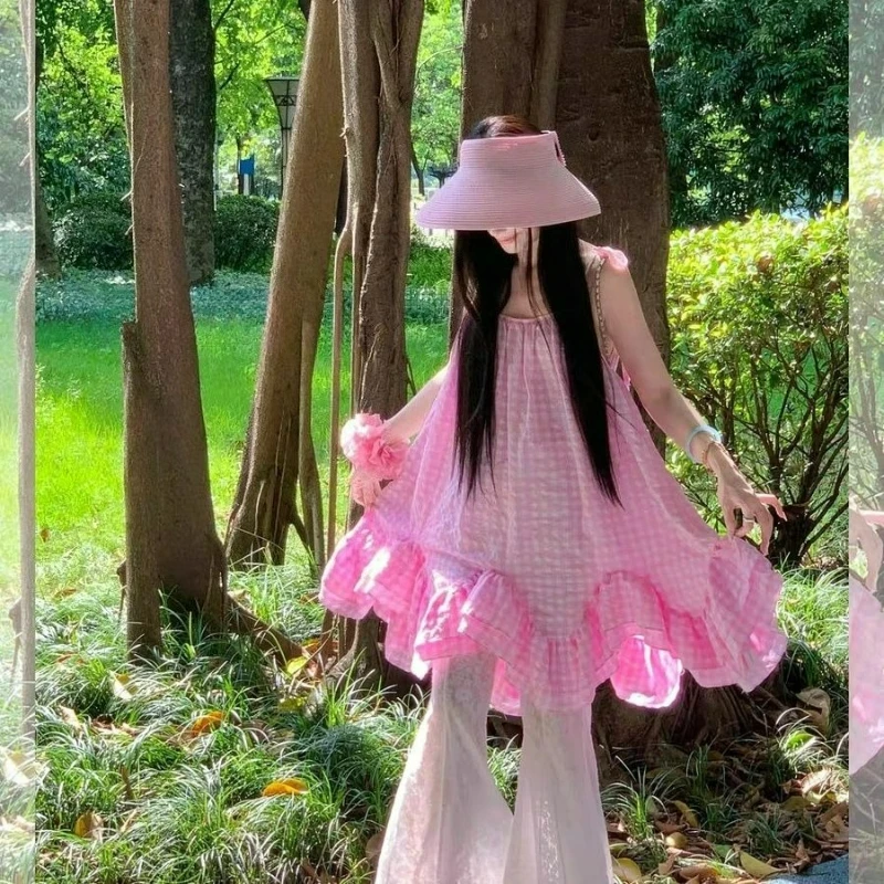 Pink Plaid  Casual Loose Camisole Dress for Women 2026 Summer New Fashion Korean Version Sweet and Cute Style Sleeveless Dress