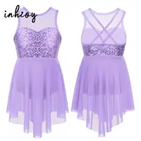 Vestido de Ballet con lentejuelas brillantes para niñas, traje de baile lírico moderno, sin mangas, espalda cruzada, dobladillo Irregular, falda de malla, leotardo