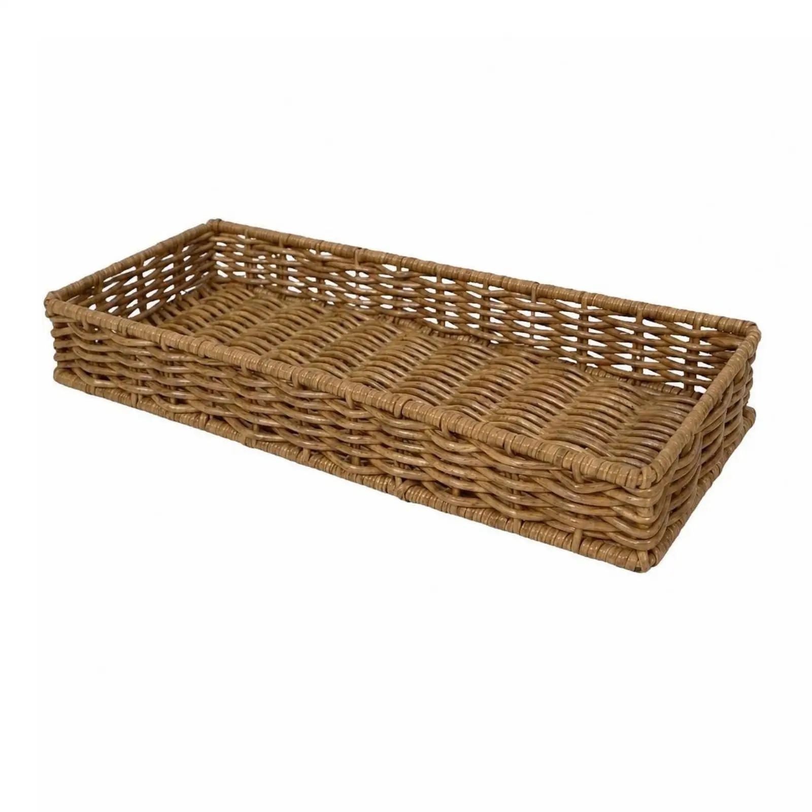 Brown Wicker Organizer Basket Flat Tray Design for Countertop Dining Table Display Bread Fruits Small Items