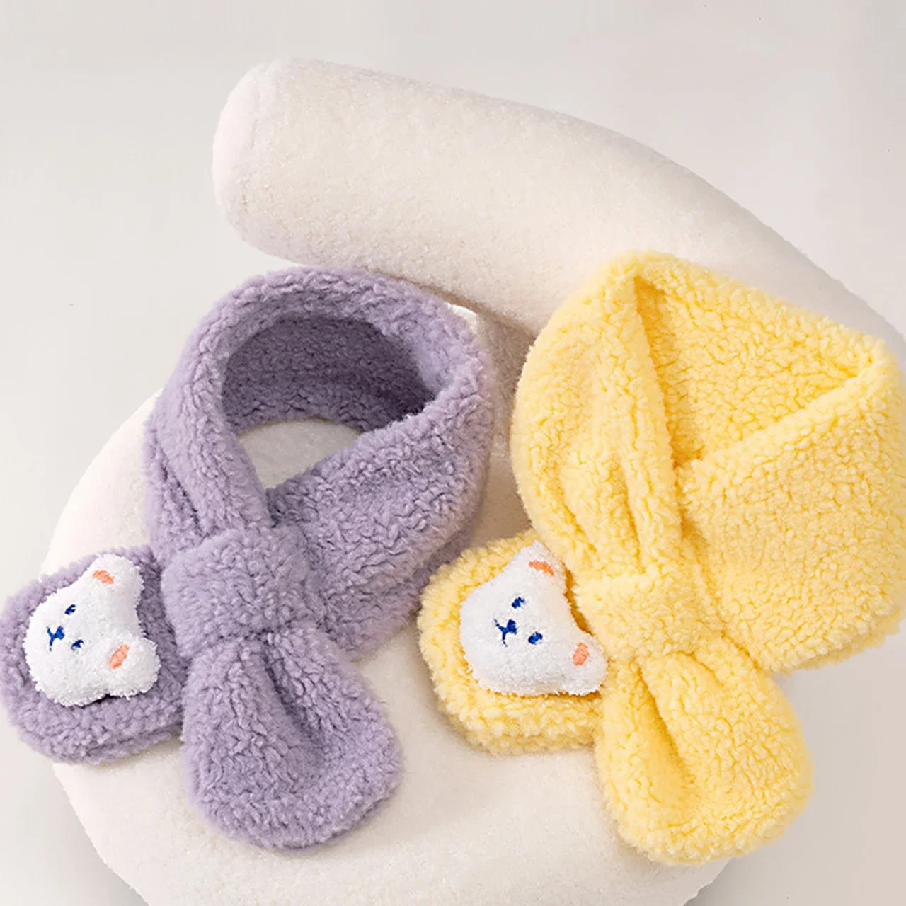 Cute Cartoon Bear Lamb Fleece Cross Neckerchief Baby Boys Girls Plush Scarf Winter Warm Kids Neck Cover