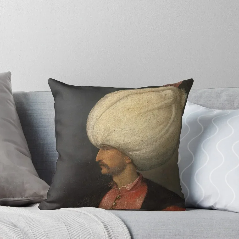 Ottoman Painting: Portrait of the Sultan Suleiman the Magnificent Throw Pillow luxury home accessories Sofa Cushion Cover pillow