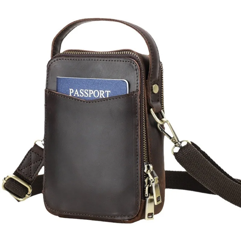 New British Style Crazy Horse Casual Men's Single Shoulder Crossbody Bags Niche Trendy Product Genuine Leather Mobile Phone Bags