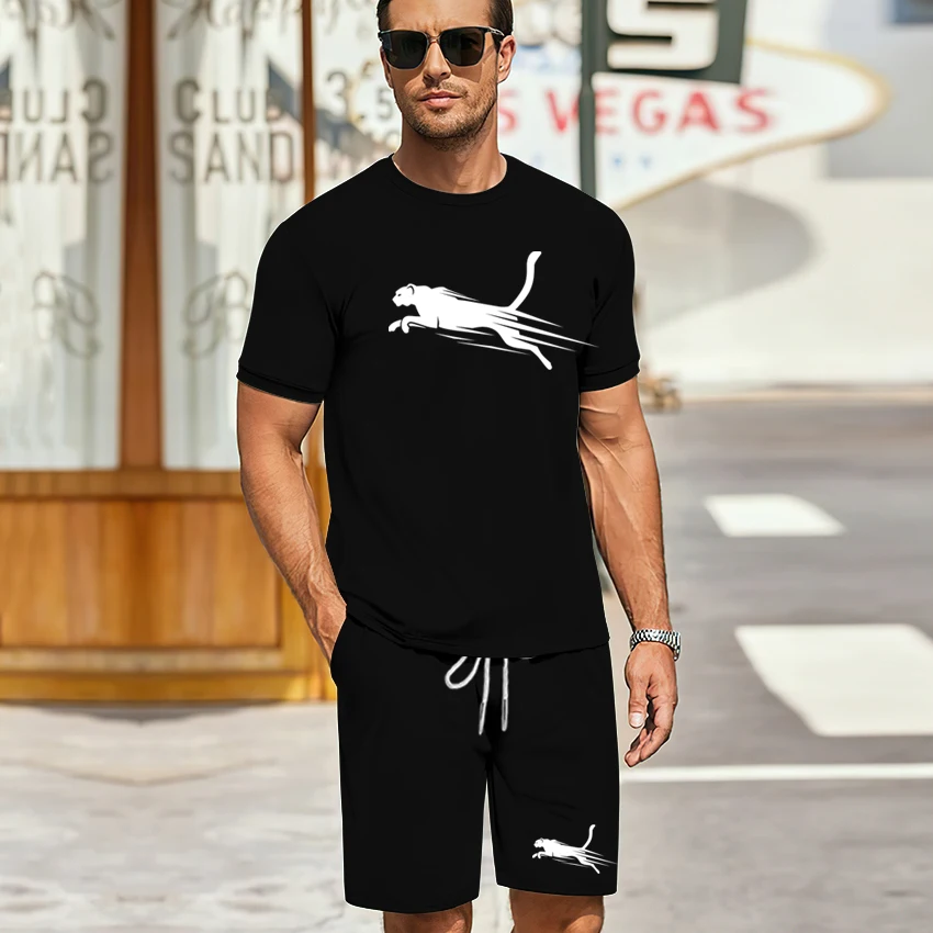 2024 summer trendy men's short-sleeved T-shirt + five-point shorts 2-piece sportswear fashion jogging casual men's suit