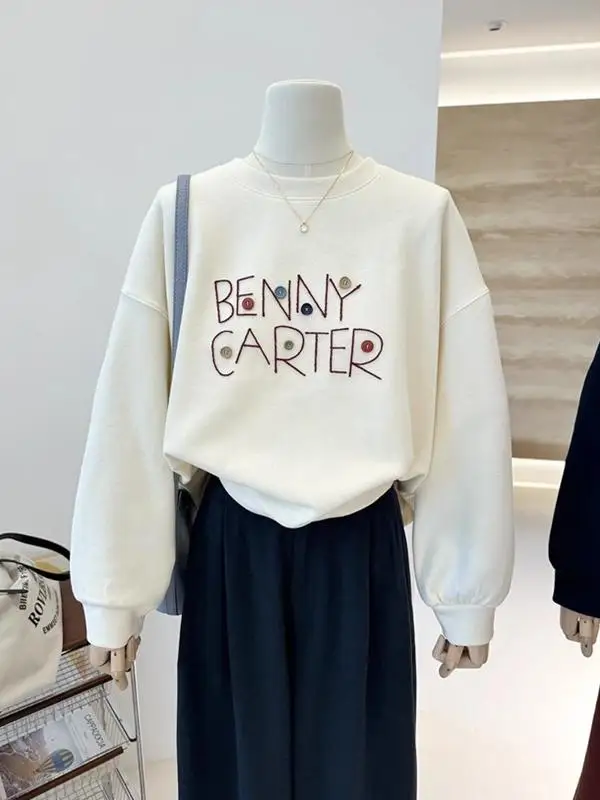 

Retro American Style Long Sleeve Hoodie Women's round Neck Slim Fit Korean Style Casual Streetwear Winter Outerwear