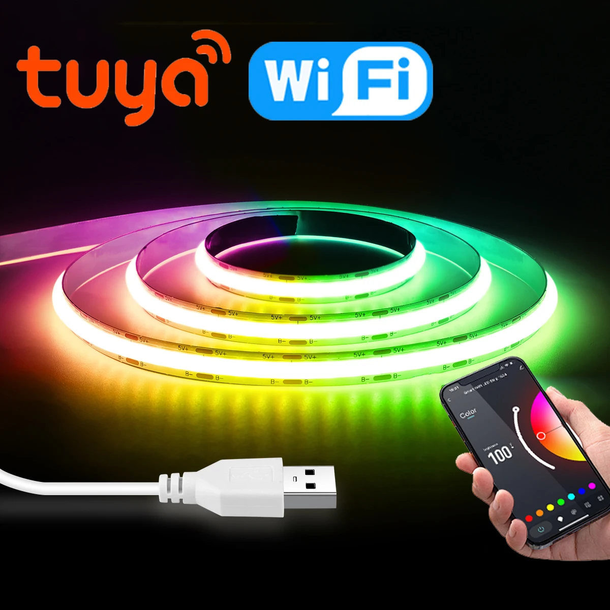 

Светодиодные ленты RGB, 576 светодиодов/м, версия Tuya Wi-Fi/Bluetooth, USB 5 В, веревка COB, гибкая мягкая лампа, клейкая лента, управление через приложение
