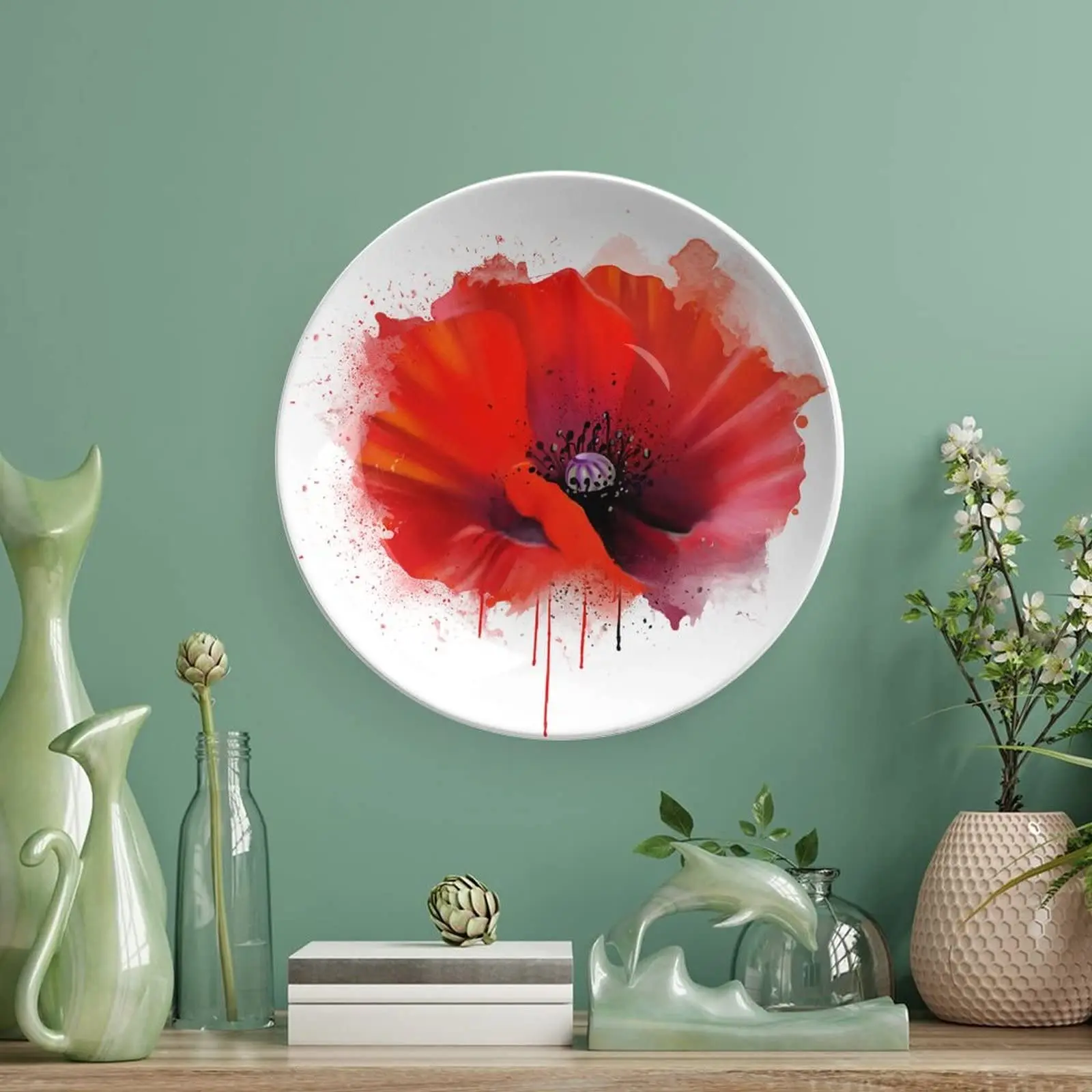 Decorative Plate,Red Poppy Ceramic Stoneware, Poppy on White Background Print Ornament Display Plate for Dining, Party, Weddings