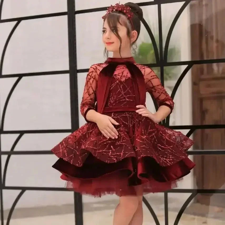 Custom Flower Girl Dress Wedding Dress First Christmas Dress Party Dress Half Sleeve Glitter Tiered Princess Kids Formal Dressف