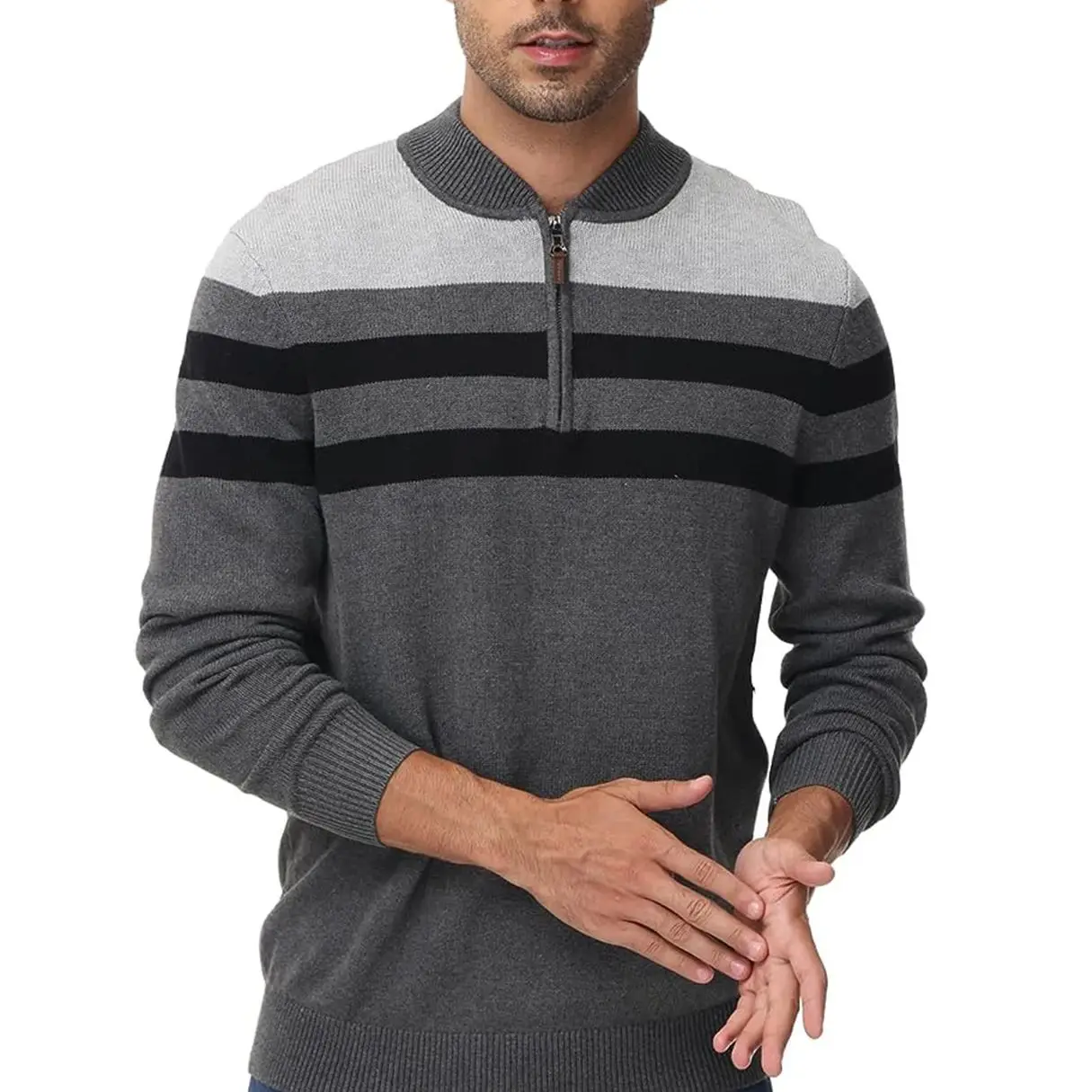 Sweater ritsleting pria, atasan kasual hangat bergaris Pullover musim gugur dan musim dingin