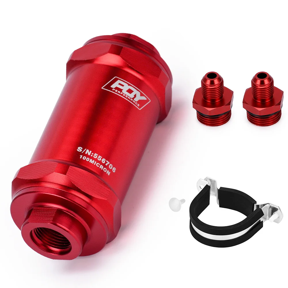 VR - PQY RED AN6  Inline Fuel Filter E85 Ethanol With 100 Micron Stainless steel element 200 GPH