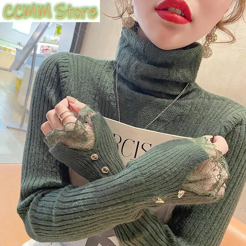 

Elegant Turtleneck Spliced Lace Casual Blouse Women's Clothing Autumn New Korean Pullovers All-match Office Lady Shirt