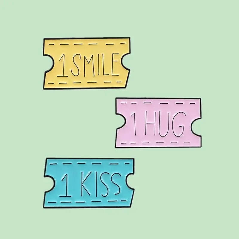 KISS HUG SMILE Coupon Enamel Pin Custom Brooches Lapel Badges Denim Bag Romantic Lover Tickets Jewelry Gift for Friend Wholesale