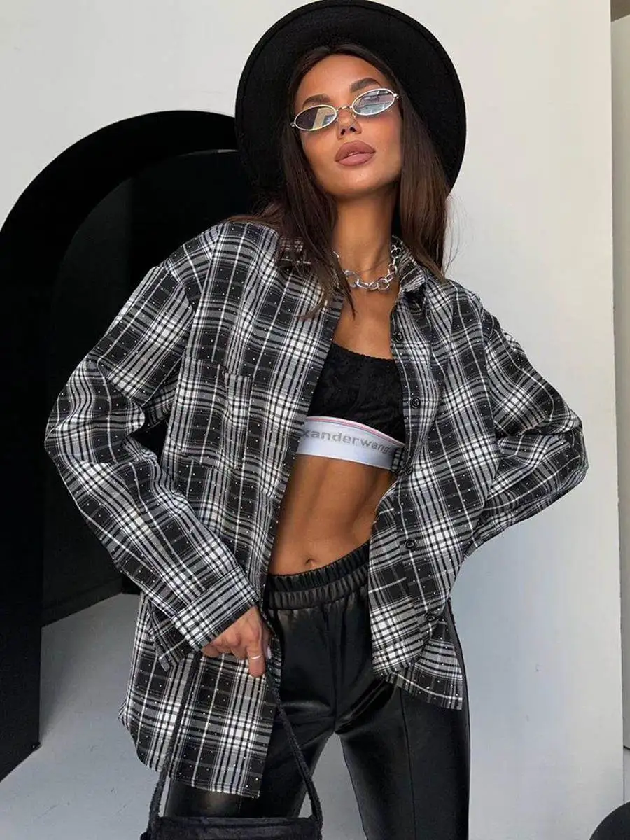 

Retro Bla And White Plaid irt Street Sle Women's Dr Long Sve Turn-down Collar Mid-length Commute Sle Ladies' Dr