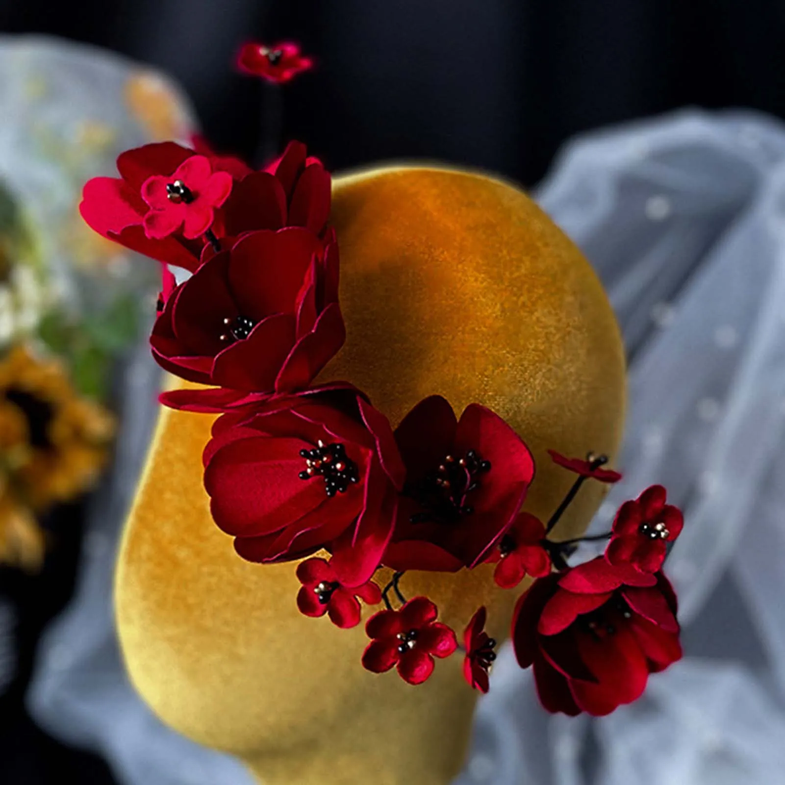 Red Flower Hairband Wedding Hair Accessories Elegant Bridal Tiaras Headdress Fashion Marriage Wreath With Earring Fairy Headband image 4