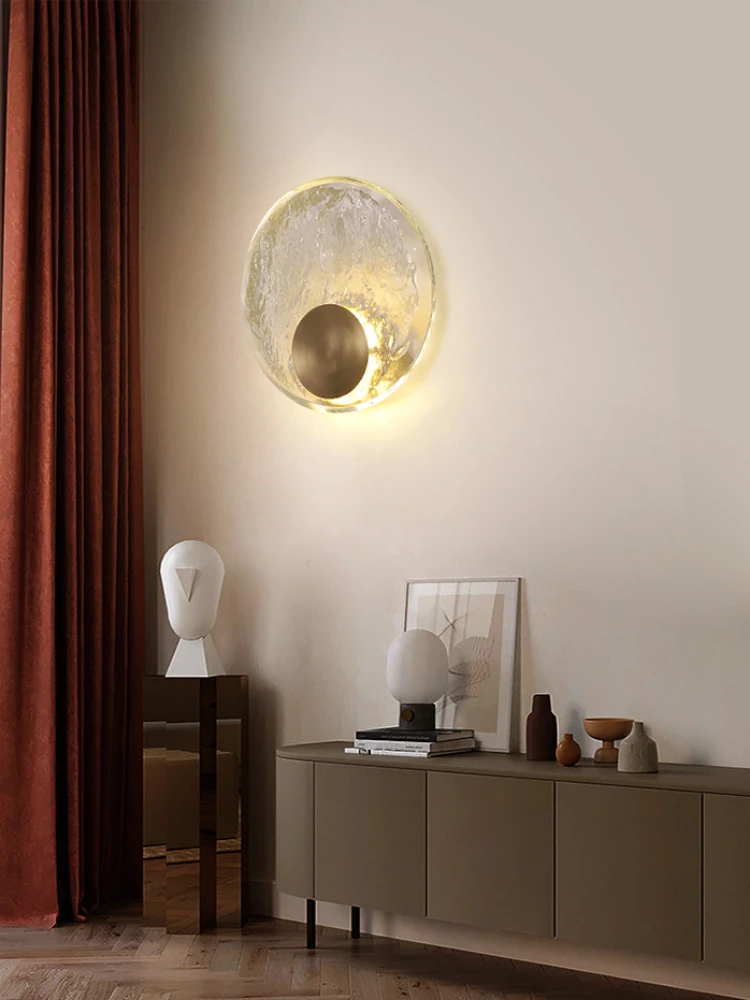 Light Luxury All Copper Crystal Bedside Wall Lamp Creative Art Bedroom Living Room Sofa Background Personalized Circular Lamp