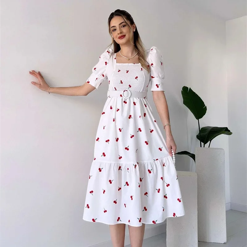 

Women Summer Strawberry Dresses New Fruit Dress Chic Puff Sleeve Daisy Cherry Sweet Girls Dresses Cottagecore Dress with Sashes